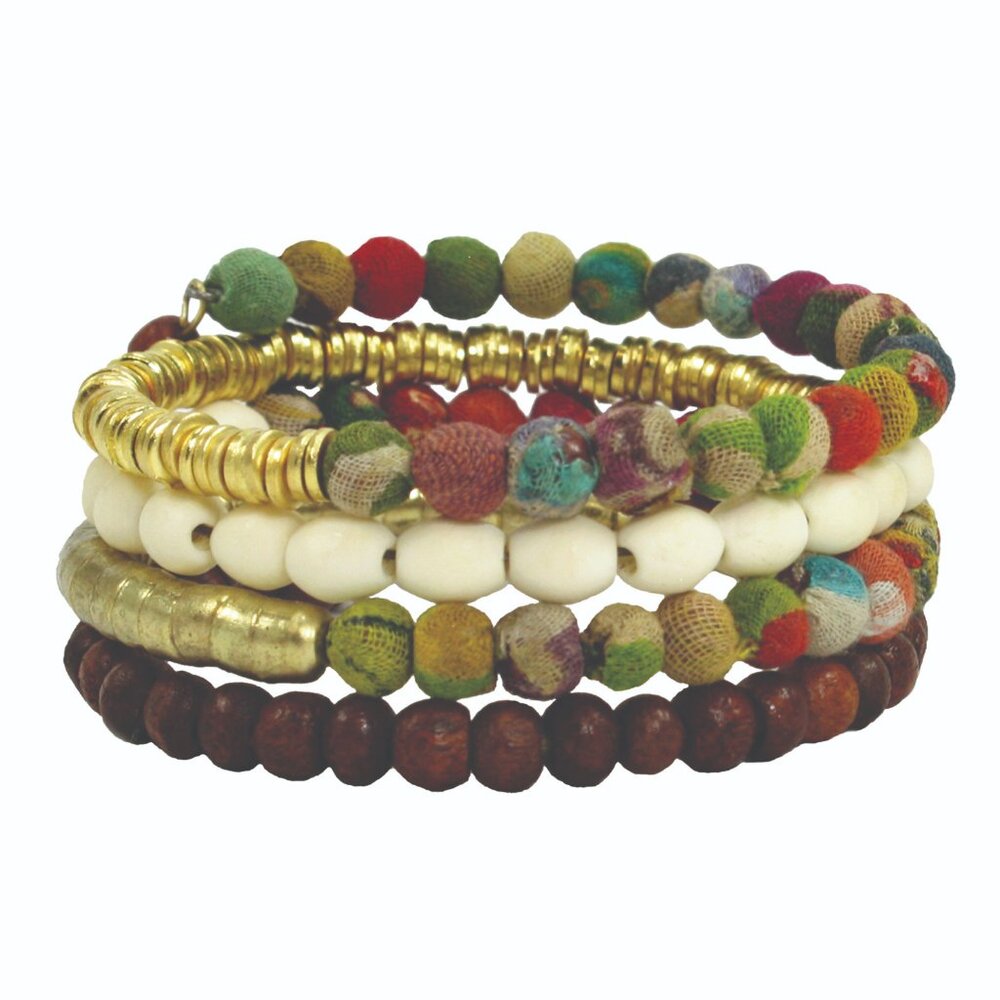 Fair Trade Spiral Bracelet Upcycled Kantha Fabric Bone Wood Brass Boho Handmade
